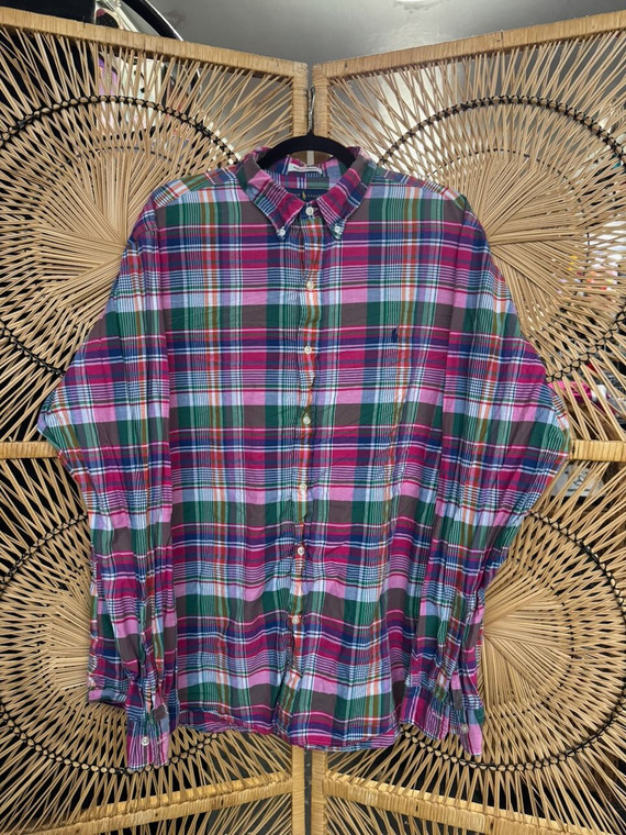 Y2K Polo Ralph Lauren RL Indian Madras Magenta Green Plaid Button Down Shirt Size XX-Large 2XL