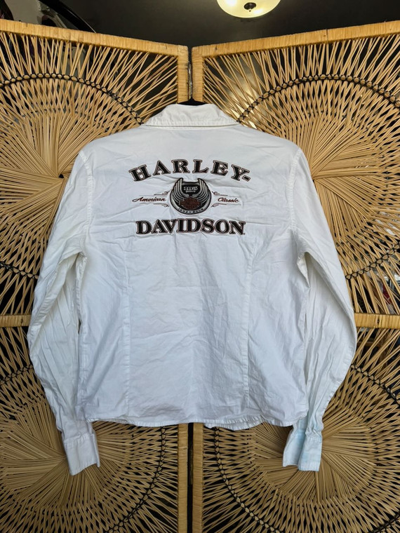 Vtg Y2K Harley Davidson Women's Long Sleeve White Button Up Top Size Large