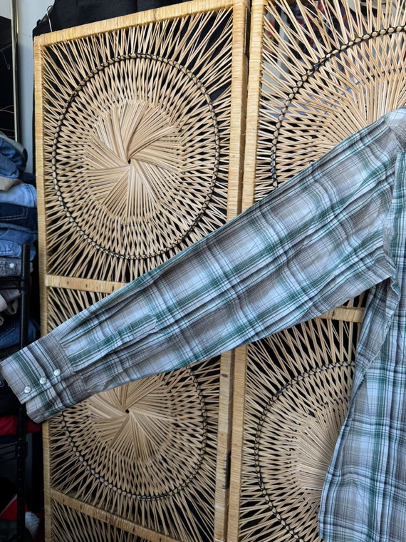Vintage Wrangler Green/Tan Plaid Pearl Snap Button Down Shirt Size XLT X-Large Tall