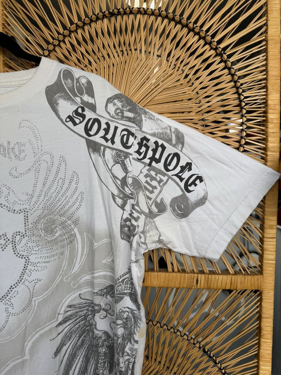 Vtg Y2K Southpole Bedazzled AOP White T-Shirt Size XL