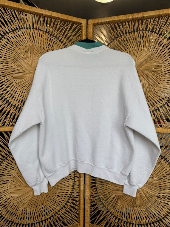 Vintage Monarchs & Poppies White Teal Double Collar Crewneck Sweatshirt Size Large