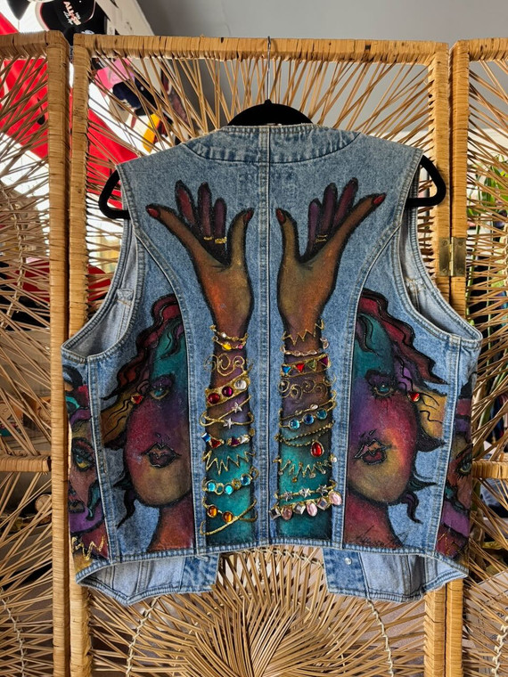 Vintage Rafaella Jeans Hand Painted Denim Vest Women's Size Large