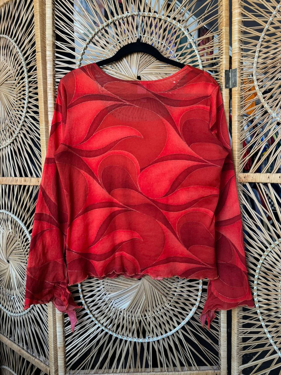 Vtg 90s Y2K Fashion Bug Red Abstract Design Mesh Long Sleeve T-Shirt Women's Size Large