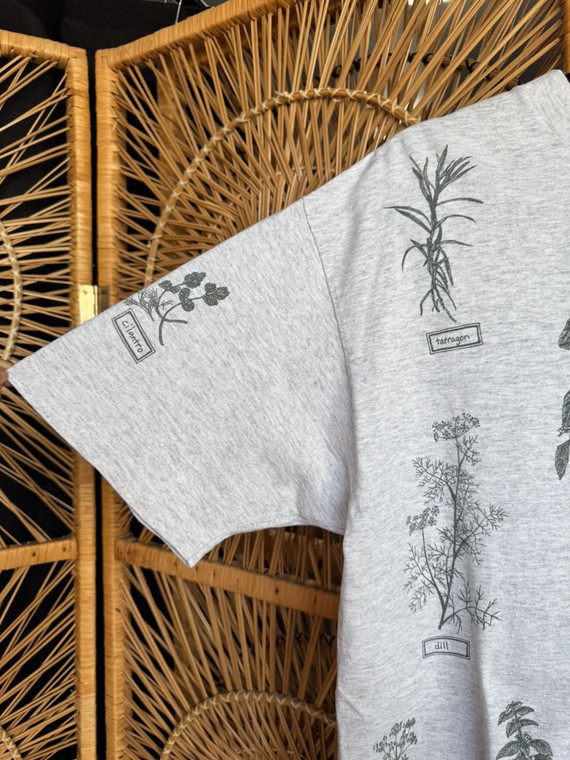 Vintage 90s 1995 Relevant Products Herb Guide AOP Heather Grey T-Shirt Size Large