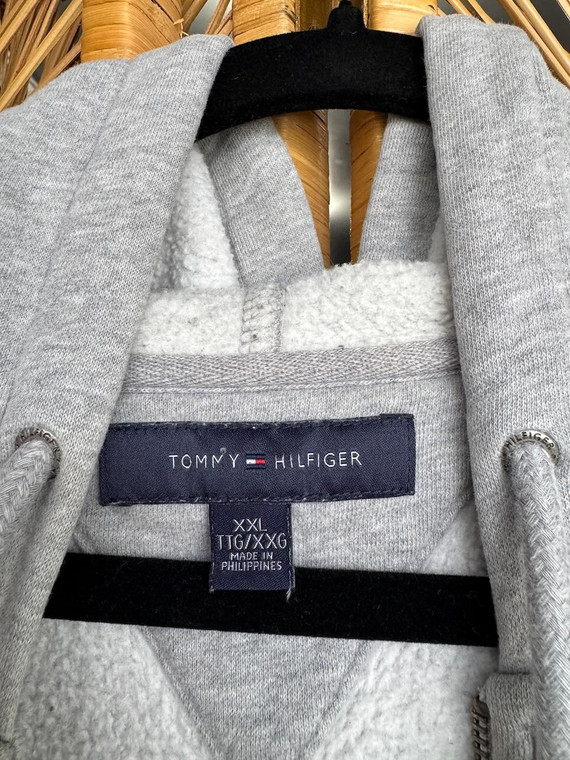Vintage Tommy Hilfiger Spell Out Grey Full Zip Hooded Sweatshirt Size XXL 2XL