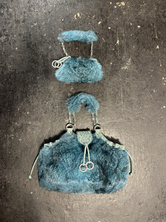 Vintage Y2K Bebe Blue Rabbit Fur Hand Bag With Matching Coin Purse