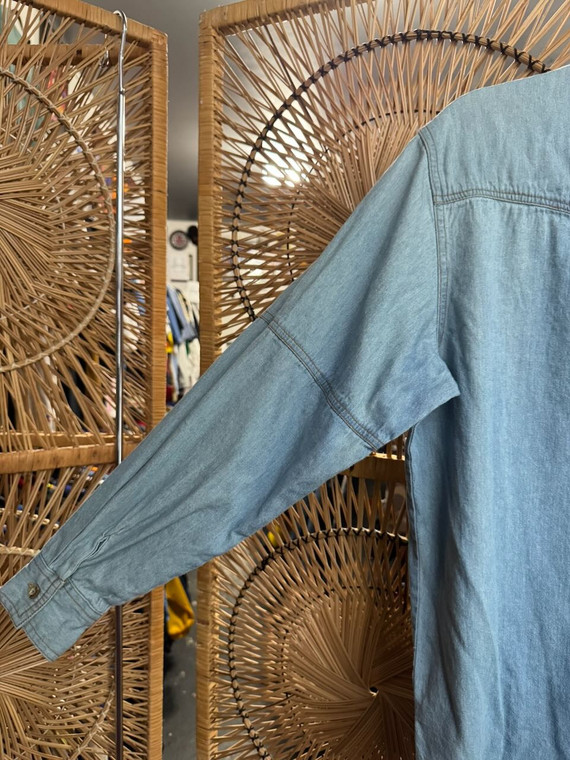 Vintage Cassini Jeans Blue Denim Fringe Button Down Top Women's Size Large