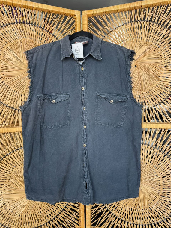 Vintage Biker Design "Soft-Tail"Faded Black Band Collar Sleeveless Button Up Shirt Size Large