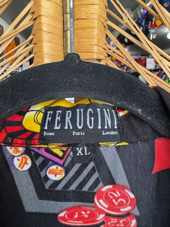 Y2K Ferugini Casino AOP Black Button Down Bowling Shirt Size X-Large XL