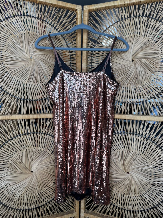 Vintage Y2K Allegra K Spaghetti Strap All Over Rose Gold Sequin Mini Dress Women's Size X-Small