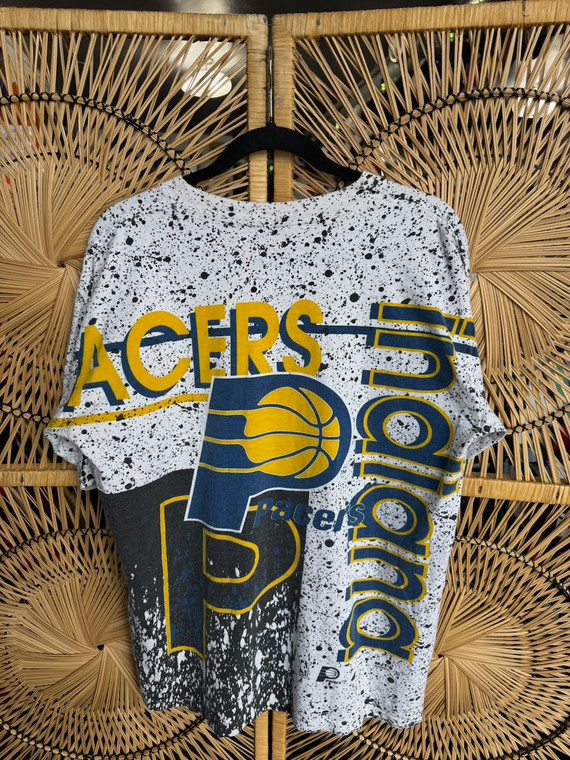 Vtg Indiana Pacers Magic Johnson Tees Black Paint Splatter AOP White T-Shirt Size Large
