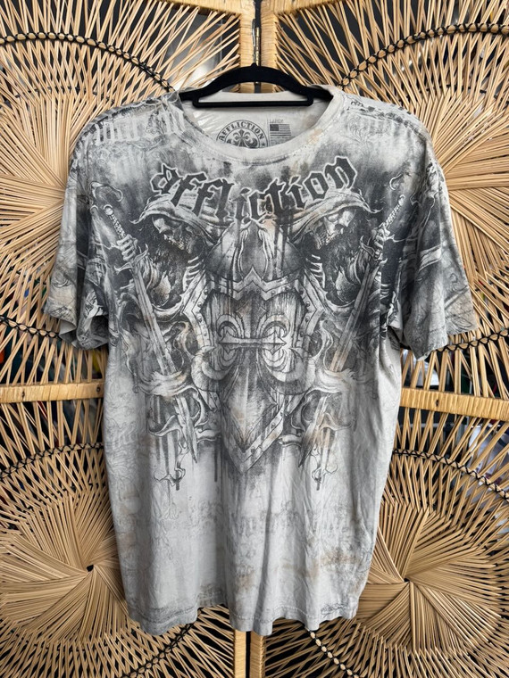 Y2K 2000s Affliction Skeleton Warrior Reversible Grey Black T-shirt Size Large