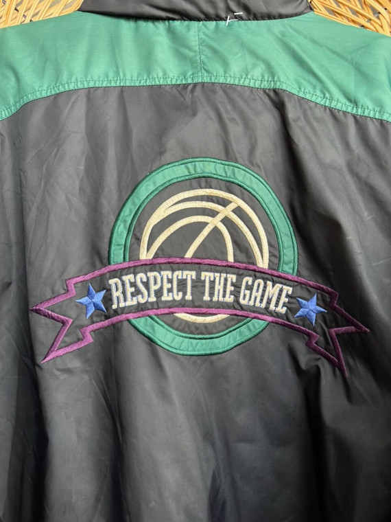 Vintage 80s 90s Nike "Respect The Game" Basketball Black, Green, Purple Hidden Hood Windbreaker Jacket Size X-Large