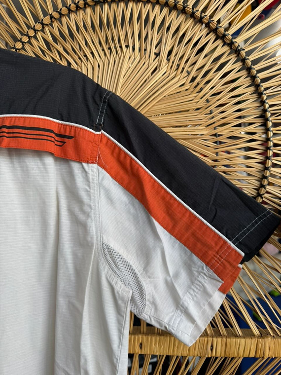 Vintage Harley Davidson Performance White, Black, Orange Double Pocket Button Down Size Medium