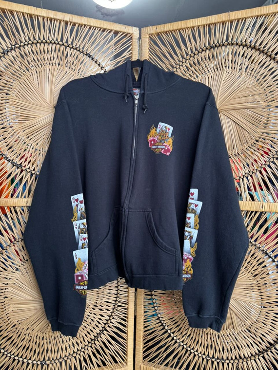 Vintage Y2K 2006 Harley Davidson Queen Of Hearts Playing Cards Black Full Zip Hooded Jacket Women's Size Large