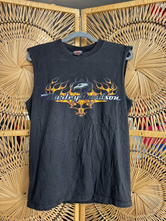 Vintage Y2K 2003 Harley Davidson Flaming Eagle Black Muscle Tank Size Medium