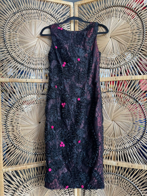 Vintage 90s Nights By Chelsea Reed Tulle Floral Hot Pink Black Dress Size 6