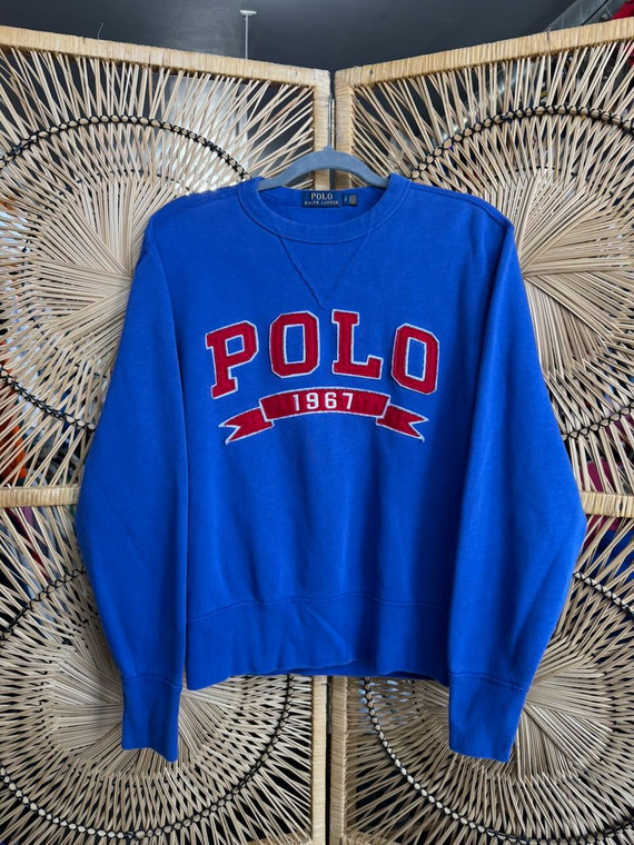 Polo Ralph Lauren RL Red Spell Out Blue Crewneck Sweatshirt Size Small
