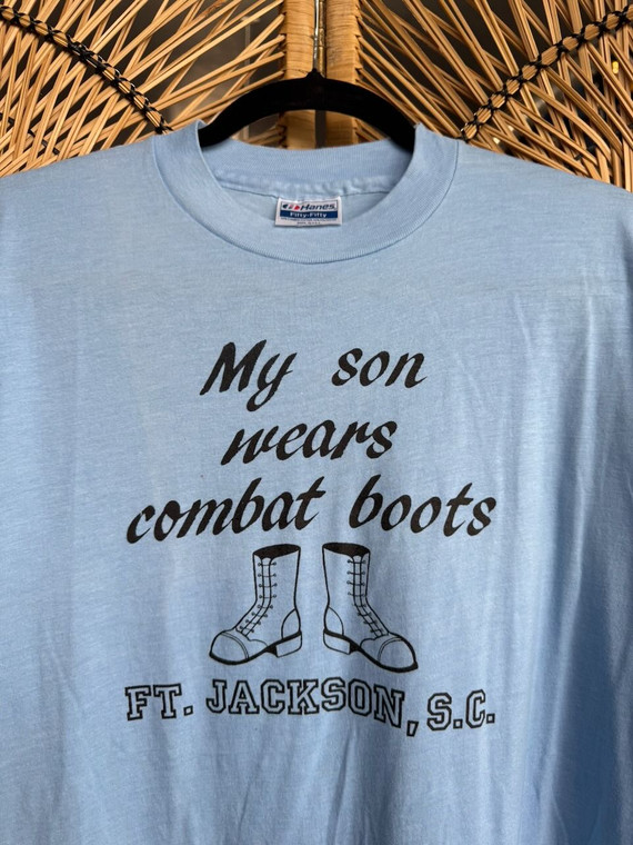 Vintage Hanes Fifty-Fifty 1990s "My Son Wears Combat Boots" Ft. Jackson, S.C. Light Blue T-Shirt Size X-Large XL
