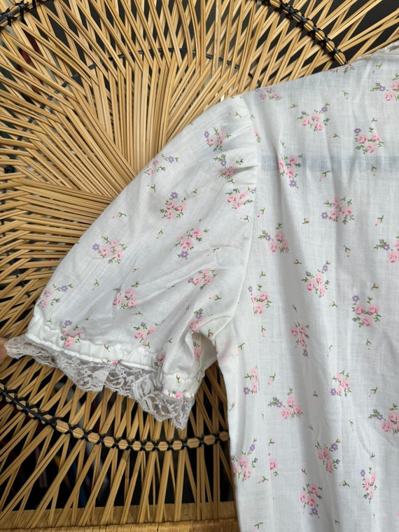 Vintage 70s 80s Floral White Lace Puff Sleeve Button Collared Dress Size X-Small Small