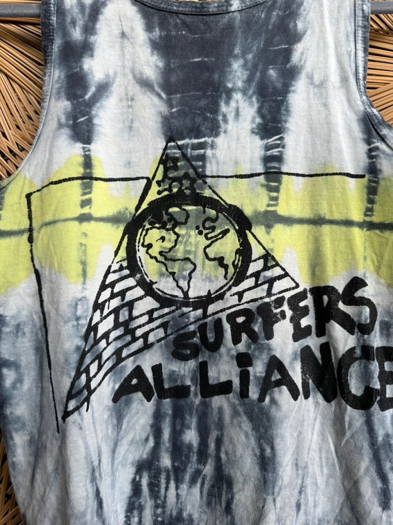 Vtg 80s 90s Surfers Alliance Tie Dye Black & Yellow Tank Top Size Small