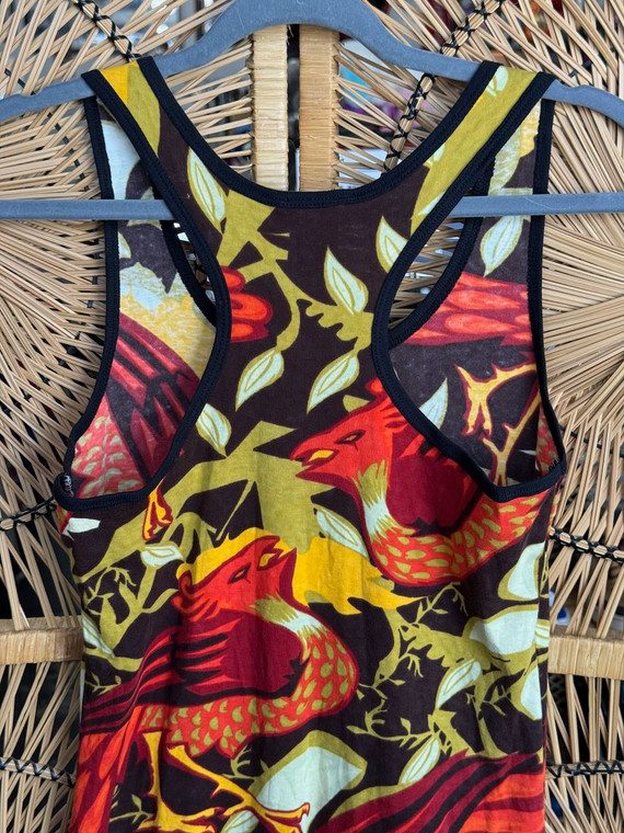 Vintage Y2K Hayes By Custo Barcelona Bird AOP Red Yellow Brown Tank Dress Women's Size Small