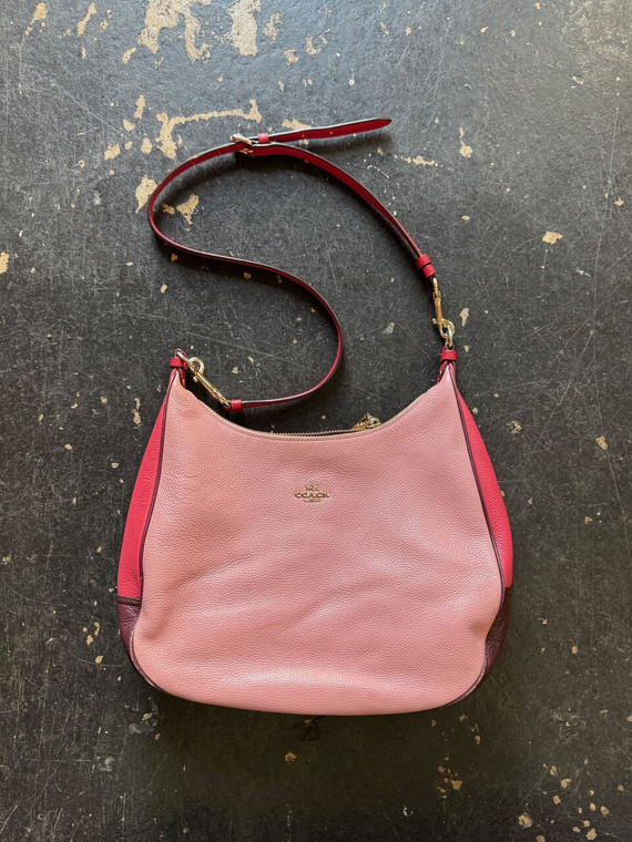 2016 Coach Harley Hobo #F57500 Geometric Colorblock Pink, Red, And Burgundy Pebbled Leather Shoulder Bag