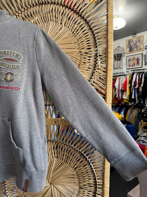 Y2K HD Harley Davidson Free Spirit Patches Taupe Women's Full Zip Hooded Fleece Lined Sweatshirt Women's Size X-Large