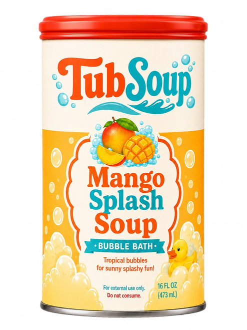 Front-facing concept mockup of TubSoup Mango Splash Soup children’s bubble bath in a soup-can-inspired 12 fl oz bottle.
