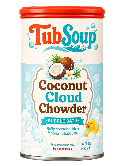 Front-facing concept mockup of TubSoup Coconut Cloud Chowder children’s bubble bath in a soup-can-inspired 16 fl oz container with coconut artwork, pale blue bubbles, and a yellow rubber duck.