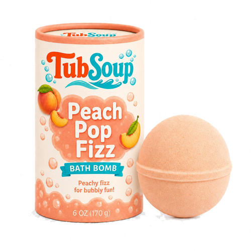 Front-facing concept mockup of TubSoup Peach Pop Fizz with a peach-colored bath bomb and cylindrical peach-themed packaging.
