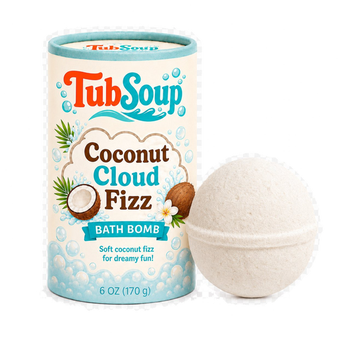 Front-facing concept mockup of TubSoup Coconut Cloud Fizz with a white bath bomb and cylindrical coconut-themed packaging.