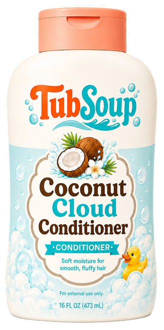 Front-facing concept mockup of TubSoup Coconut Cloud Conditioner in a 16 fl oz cream-colored bottle with a coral flip-top cap, coconut artwork, pale blue bubbles, and a yellow rubber duck.