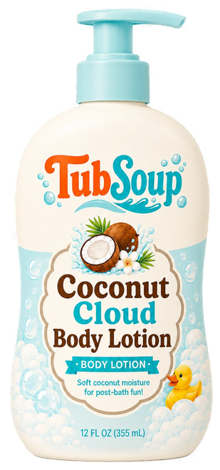 Front-facing concept mockup of TubSoup Coconut Cloud Body Lotion in a 12 fl oz cream-colored pump bottle with a pale turquoise pump, coconut artwork, pale blue bubbles, and a yellow rubber duck.