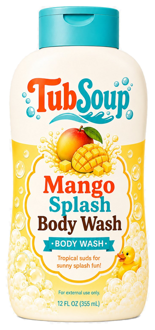 Front-facing concept mockup of TubSoup Mango Splash Body Wash in a 12 fl oz cream-colored bottle with a turquoise flip-top cap, mango artwork, yellow bubbles, and a yellow rubber duck.