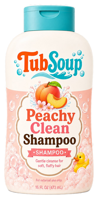 Front-facing concept mockup of TubSoup Peachy Clean Shampoo in a 16 fl oz cream-colored bottle with a turquoise flip-top cap, peach artwork, coral bubbles, and a yellow rubber duck.