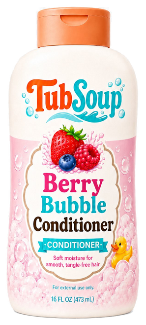 Front-facing concept mockup of TubSoup Berry Bubble Conditioner in a 16 fl oz cream-colored bottle with an orange flip-top cap, pink berry artwork, bubbles, and a yellow rubber duck.
