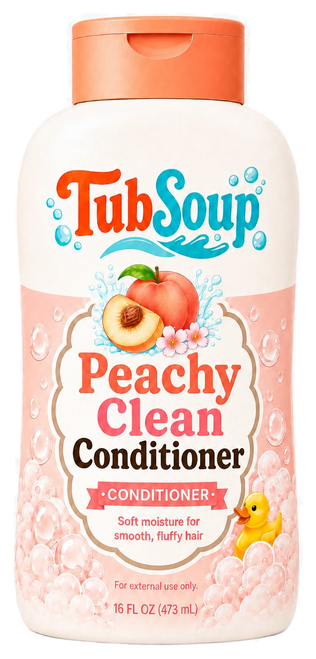 Front-facing concept mockup of TubSoup Peachy Clean Conditioner in a 16 fl oz cream-colored bottle with an orange flip-top cap, peach artwork, coral bubbles, and a yellow rubber duck.
