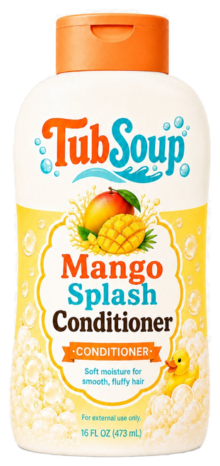 Front-facing concept mockup of TubSoup Mango Splash Conditioner in a 16 fl oz cream-colored bottle with an orange flip-top cap, mango artwork, yellow bubbles, and a yellow rubber duck.