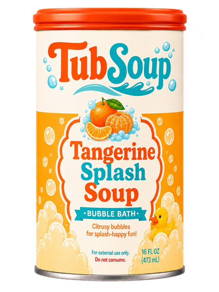 Front-facing concept mockup of TubSoup Tangerine Splash Soup children’s bubble bath in a soup-can-inspired 12 fl oz bottle.