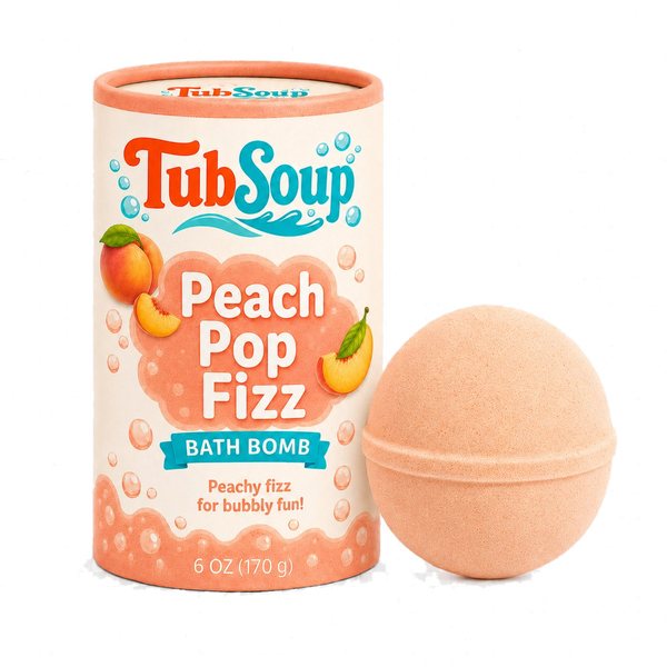 Front-facing concept mockup of TubSoup Peach Pop Fizz with a peach-colored bath bomb and cylindrical peach-themed packaging.