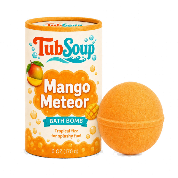 Front-facing concept mockup of TubSoup Mango Meteor with an orange bath bomb and cylindrical mango-themed packaging.