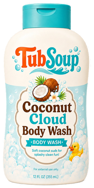 Front-facing concept mockup of TubSoup Coconut Cloud Body Wash in a 12 fl oz cream-colored bottle with a turquoise flip-top cap, coconut artwork, pale blue bubbles, and a yellow rubber duck.