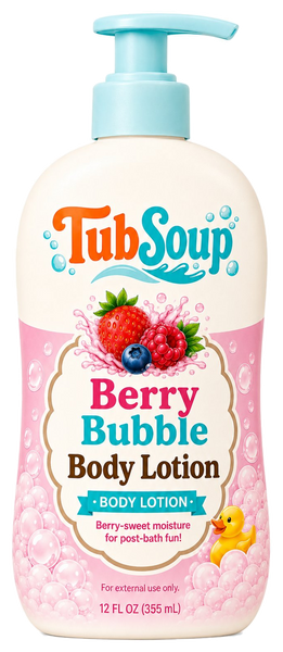 Front-facing concept mockup of TubSoup Berry Bubble Body Lotion in a 12 fl oz cream-colored pump bottle with pink berry artwork, bubbles, a pale turquoise pump, and a yellow rubber duck.