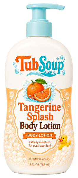 Front-facing concept mockup of TubSoup Tangerine Splash Body Lotion in a 12 fl oz cream-colored pump bottle with tangerine artwork, orange bubbles, a pale turquoise pump, and a yellow rubber duck.