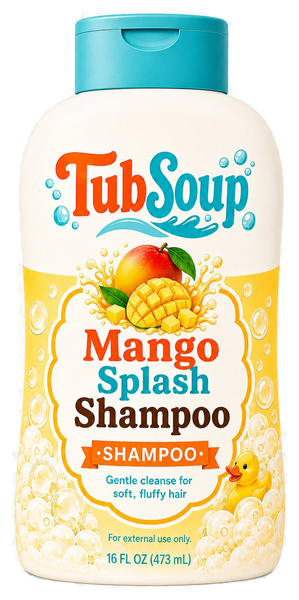 Front-facing concept mockup of TubSoup Mango Splash Shampoo in a 16 fl oz cream-colored bottle with a turquoise flip-top cap, mango artwork, yellow bubbles, and a yellow rubber duck.