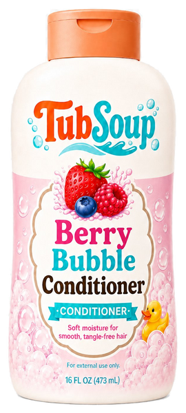 Front-facing concept mockup of TubSoup Berry Bubble Conditioner in a 16 fl oz cream-colored bottle with an orange flip-top cap, pink berry artwork, bubbles, and a yellow rubber duck.