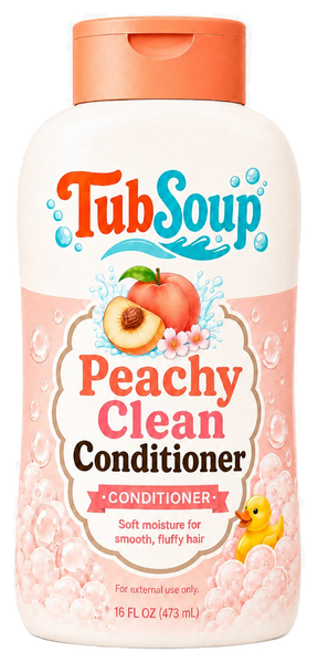 Front-facing concept mockup of TubSoup Peachy Clean Conditioner in a 16 fl oz cream-colored bottle with an orange flip-top cap, peach artwork, coral bubbles, and a yellow rubber duck.