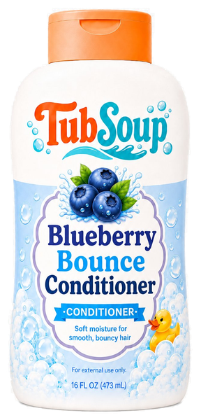 Front-facing concept mockup of TubSoup Blueberry Bounce Conditioner in a 16 fl oz cream-colored bottle with an orange flip-top cap, blueberry artwork, light blue bubbles, and a yellow rubber duck.