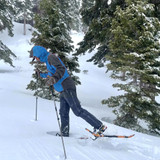 Person climbing uphill trail in snowy forest wearing orange-frame snowshoes and trekking poles Person climbing uphill trail in snowy forest wearing orange-frame snowshoes and trekking poles